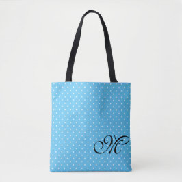 Hellblaue und weiße Polka-Dot-Monogramm Tasche