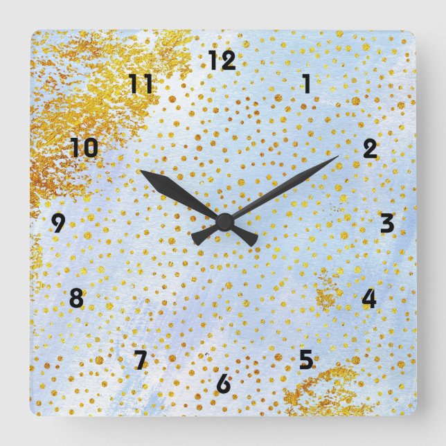 Hellblaue Wasserfarbe und Goldfolie Confetti Quadratische Wanduhr (Vorderseite)