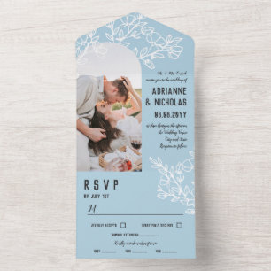 Hellblaue weiße blühende Zweige Foto-Hochzeit All In One Einladung