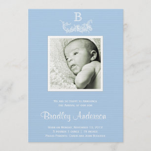 Hellblaue weiße Rahmen-Monogramm-Baby-Mitteilung Ankündigung