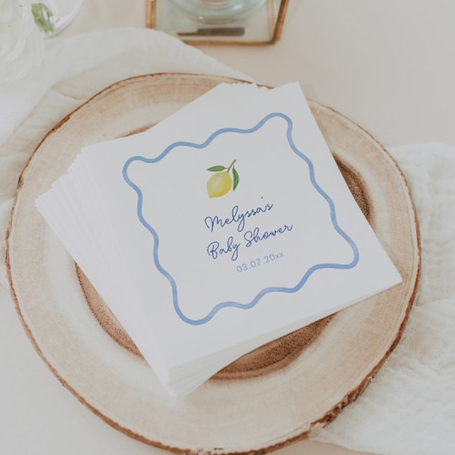 Hellblaue wellige Umrandung Lemones Süße Babyparty Serviette (Squiggle border Mediterranean boy baby shower napkin design with watercolor lemon)