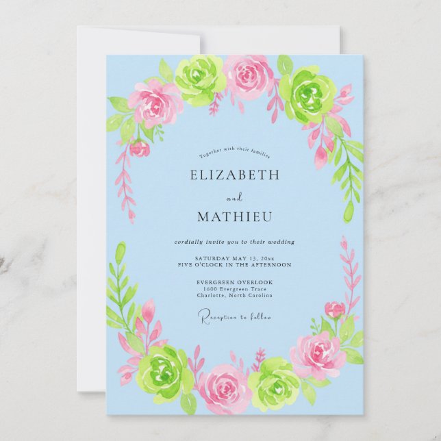 Hellblaue Whimsical Bloom Hochzeit Einladung (Vorderseite)