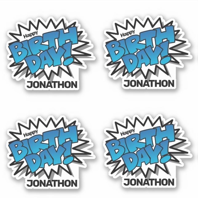 Hellblauer Comic Text - Happy Birthday Aufkleber (Vorderseite)