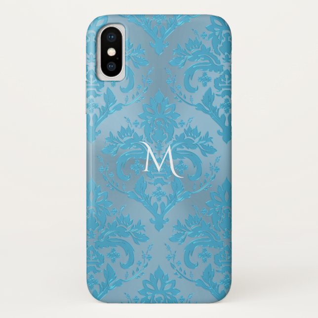Hellblauer Damast-Monogramm iPhone X Fall Case-Mate iPhone Hülle (Rückseite)
