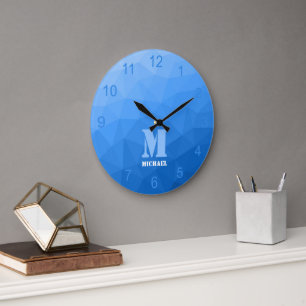 Hellblauer Farbverlauf Geometrie-Netzmuster-Monogr Große Wanduhr
