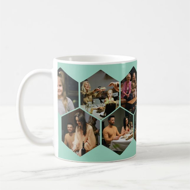 Hellblauer geometrischer Sechseck-Foto-Collage  Kaffeetasse (Links)