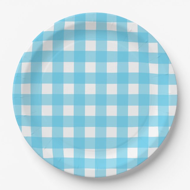 Hellblauer Gingham Pappteller (Vorderseite)