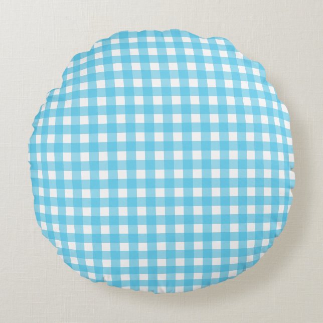 Hellblauer Gingham Rundes Kissen (Vorderseite)