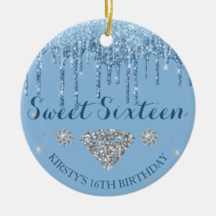 Hellblauer Glitter-Drip-Diamant Sweet Sixteen Keramik Ornament
