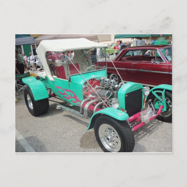 Hellblauer Hot Rod Postkarte (Vorderseite)