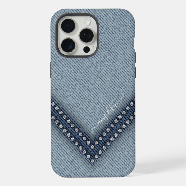 Hellblauer Jeans mit Strasssteinen iPhone 15 Pro Max Hülle (Rückseite)