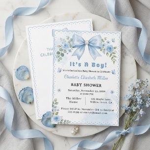 Hellblauer Jungen-Baby-Shower mit floralem Band u Einladung