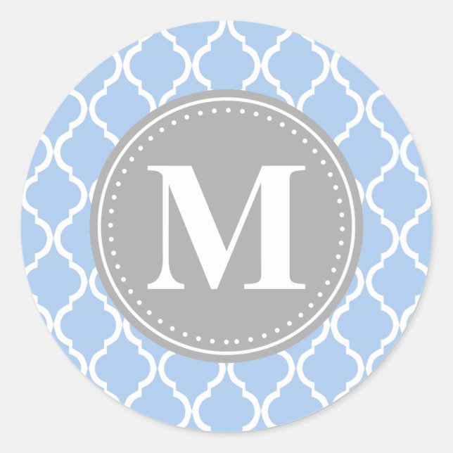 Hellblauer marokkanischer Gittergrau Monogram Runder Aufkleber (Vorderseite)