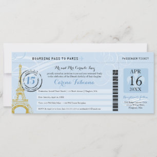 Hellblauer Quinceanera-Boarding-Pass nach Paris Einladung