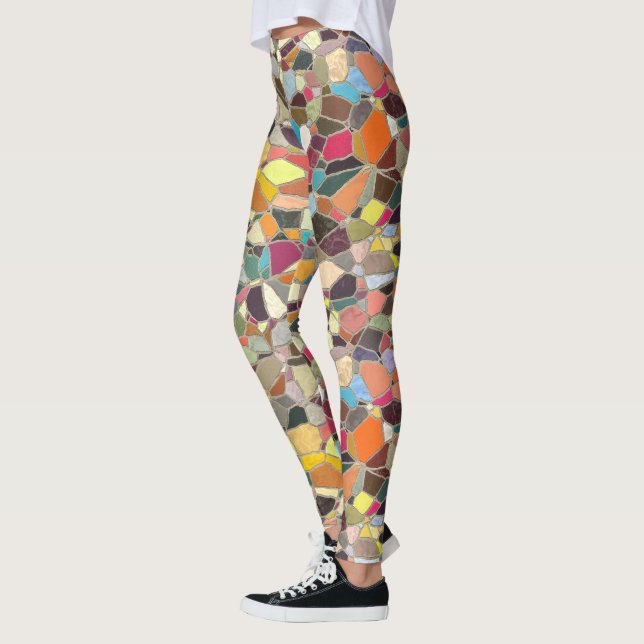 Hellblauer Rosa Gelborange Lila Mosaik Leggings (Links)
