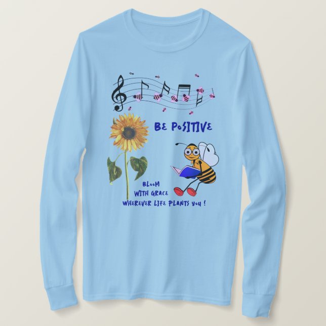 Hellblauer Sonnenblumen Positive Bienen T-Shirt (Design vorne)