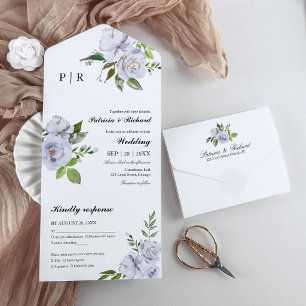 Hellblaues Blumenmonogramm Elegante Hochzeit All In One Einladung