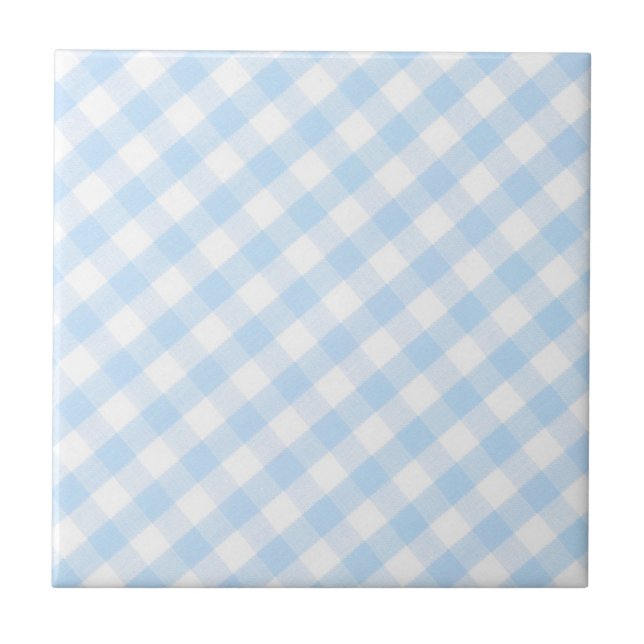 Hellblaues diagonales Gingham-Muster Fliese (Vorderseite)