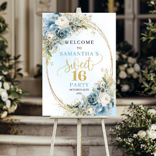 Hellblaues florales Eukalyptus-Goldrahmen Sweet 16 Poster