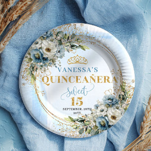 Hellblaues florales Wasserfarben-Gold-Glitter-Part Pappteller
