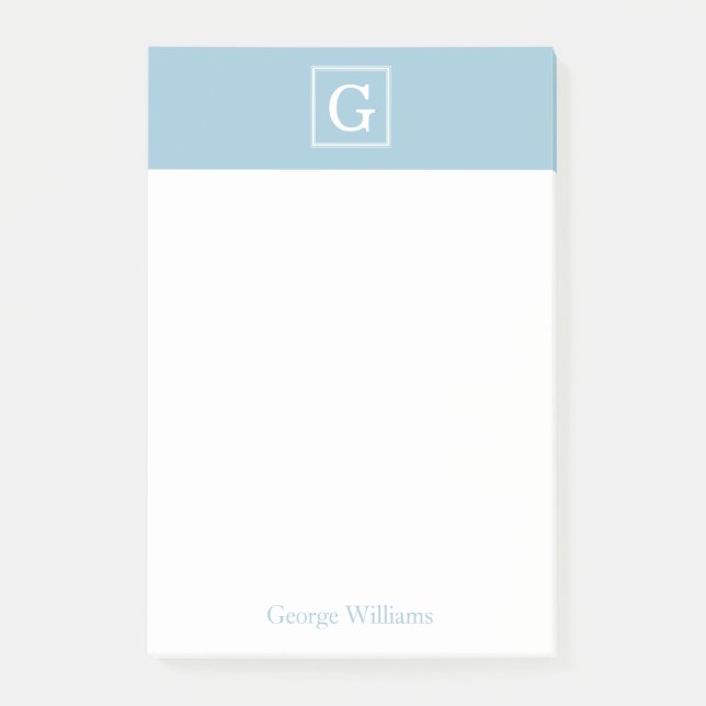 Hellblaues gerahmtes Monogramm personalisiert Post-it Klebezettel (Vorderseite)