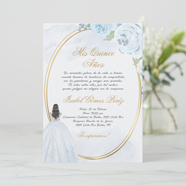 Hellblaues Kleid Quinceanera Silhouette Einladung (Stehend Vorderseite)