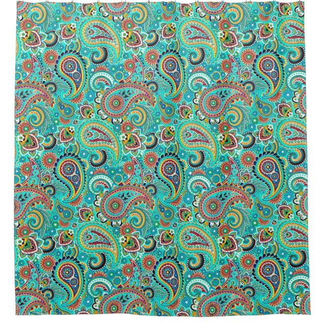 Hellblaues Orange Yellow Paisley Muster Duschvorhang (Vorderseite)
