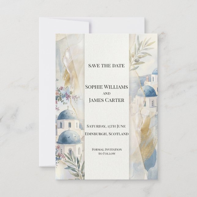 Hellblaues Santorin Save-the-Date-Karte Save The Date (Vorderseite)