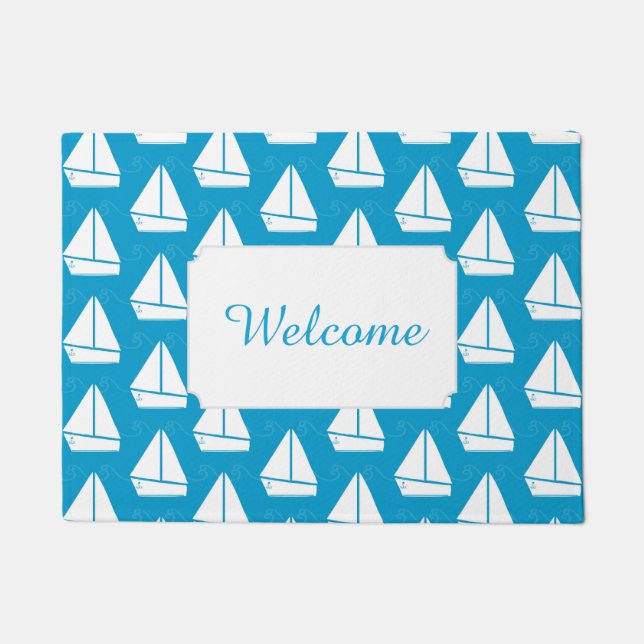 Hellblaues Segelboot-Muster | addieren Ihren Text Fußmatte (Vorderseite)
