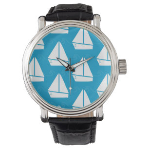 Hellblaues Segelboot-Muster Armbanduhr
