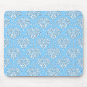 Hellblaues und weißes florales Damastmuster Mousepad