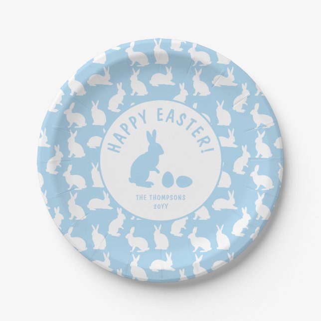 Hellblaues und weißes Hasenmuster Frohe Ostern Pappteller (Vorderseite)