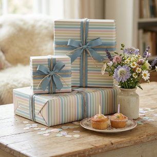 Hellblaues, weich grünes, rosa Streifen Muster Geschenkpapier