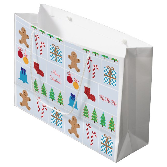 Hellblaues Weihnachtsmuster-große Geschenk-Tasche Große Geschenktüte (Vorderseite Schrägansicht)