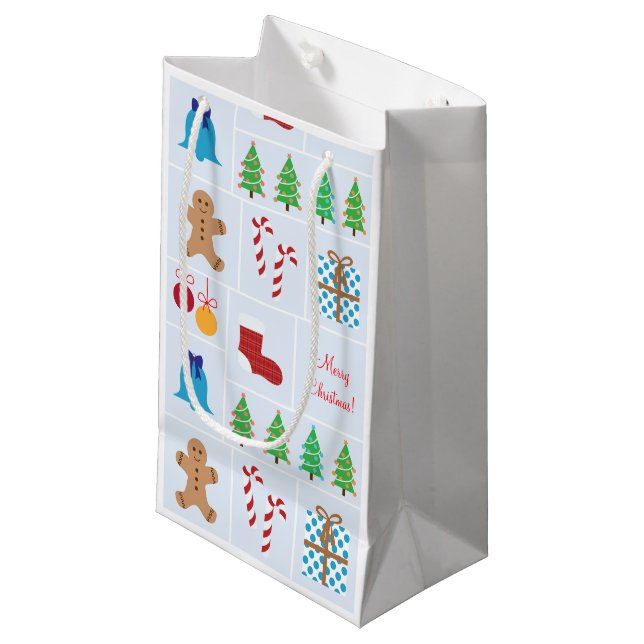Hellblaues Weihnachtsmuster-kleine Geschenk-Tasche Kleine Geschenktüte (Vorderseite Schrägansicht)