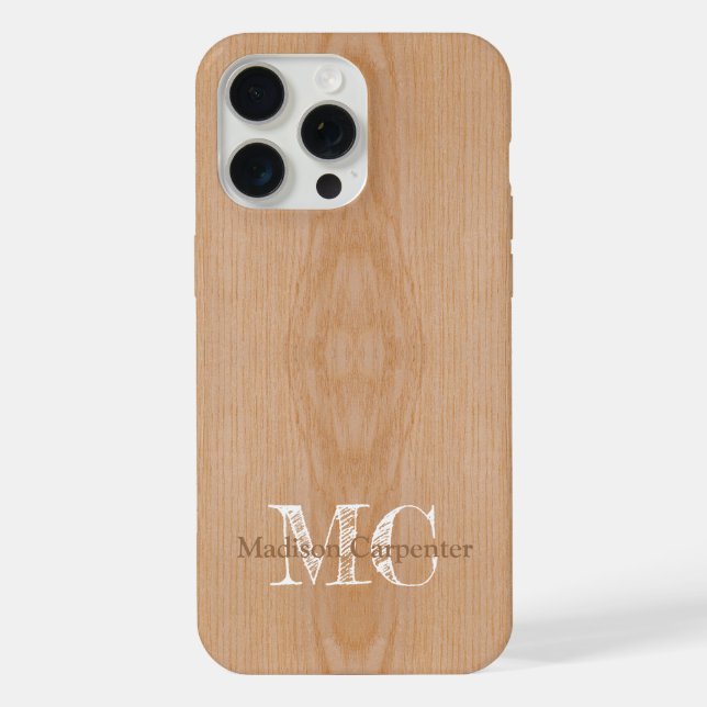 Hellbraune Holzmaserung Tischler Monogramm Name iPhone 15 Pro Max Hülle (Rückseite)