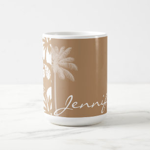Hellbrauner hawaiischer tropischer Hibiskus; Palme Kaffeetasse
