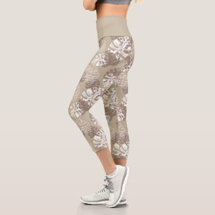 Hellbraunes Botanisches Monster-Blätter-Muster Capri Leggings