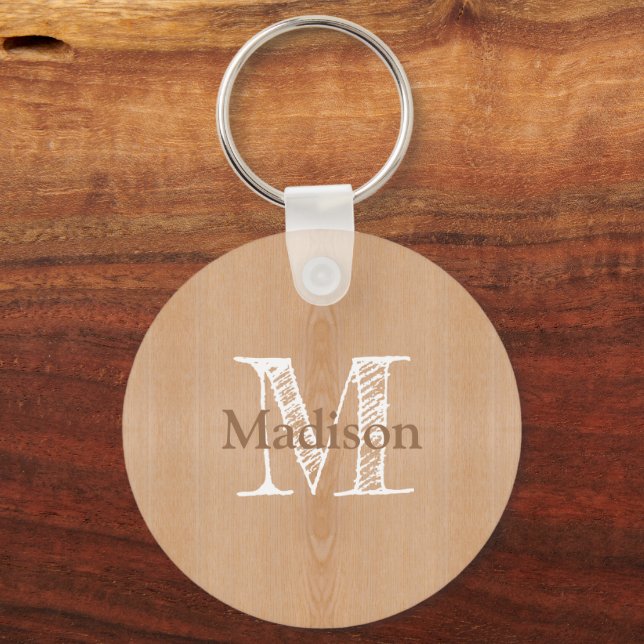 Hellbraunes Holzkorn Custom Monogram Schlüsselanhänger (Vorderseite)