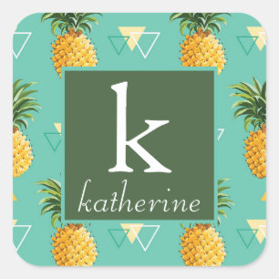 Helle Ananas auf geometrischem Monogramm des Quadratischer Aufkleber