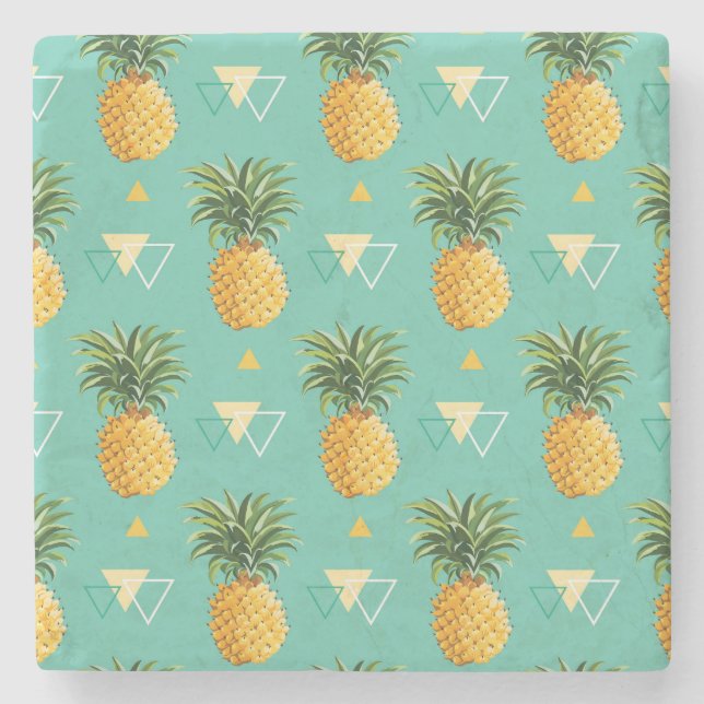 Helle Ananas auf geometrischem Muster Steinuntersetzer (Vorderseite)