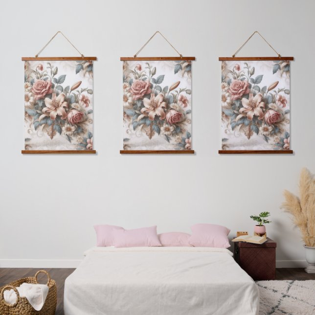 Helle antike Blumenperfektion Wandteppich Mit Holzrahmen (Schlafzimmer)