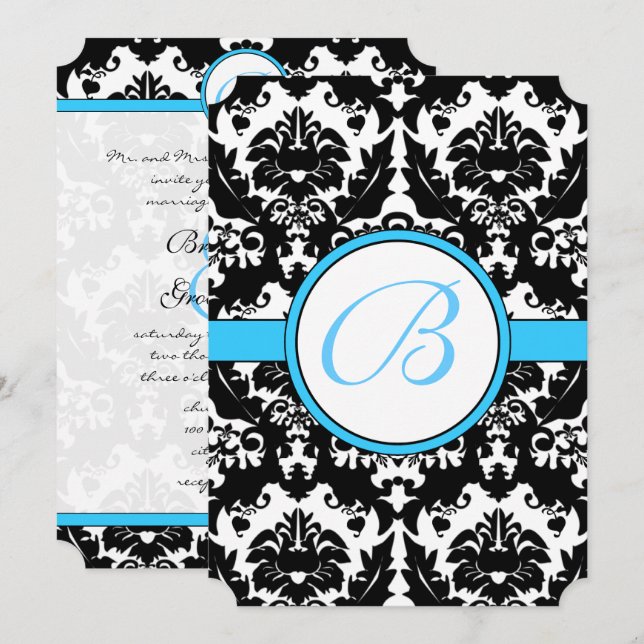 Helle Aqua Damask Herzklopfe Wirbel Hochzeitsfeier Einladung (Vorne/Hinten)
