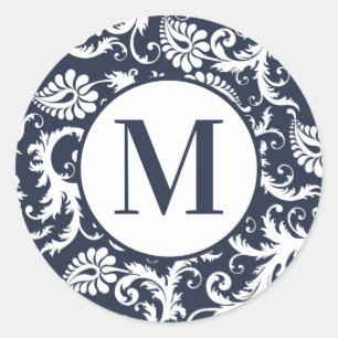 Helle Aqua-Damask-Monogramm-Hochzeitsaufkleber Runder Aufkleber