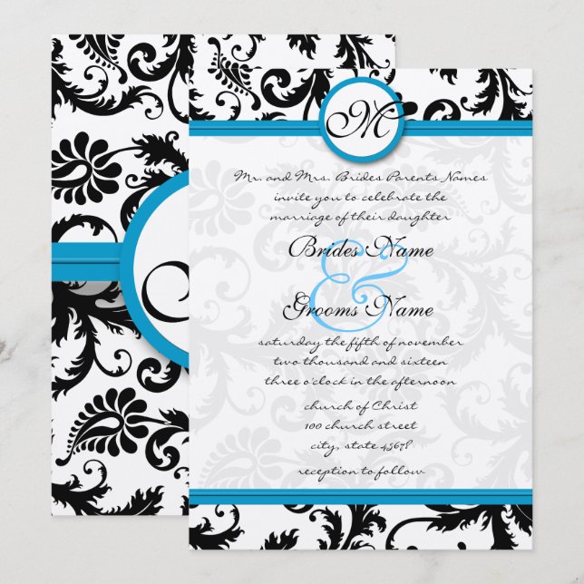 Helle Aqua Damask Wirbel Hochzeit Einladung 5 x 7 (Vorne/Hinten)