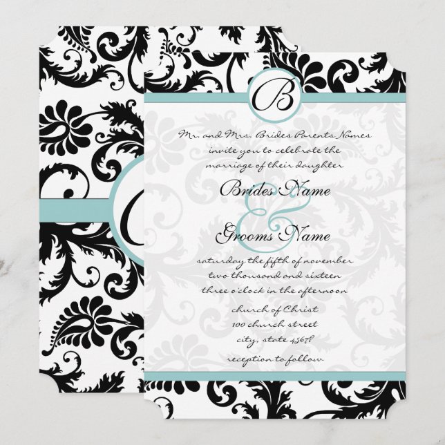 Helle Aqua Damask Wirbel Hochzeit Einladung 5 x 7 (Vorne/Hinten)