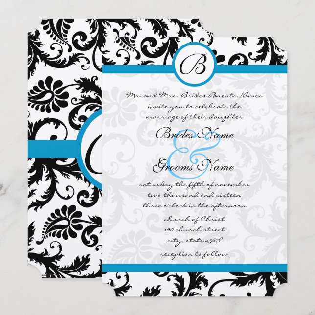 Helle Aqua Damask Wirbel Hochzeit Einladung 5 x 7 (Vorne/Hinten)