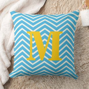 Helle Aqua und Gelbe Monogramm Zig Zag Kissen