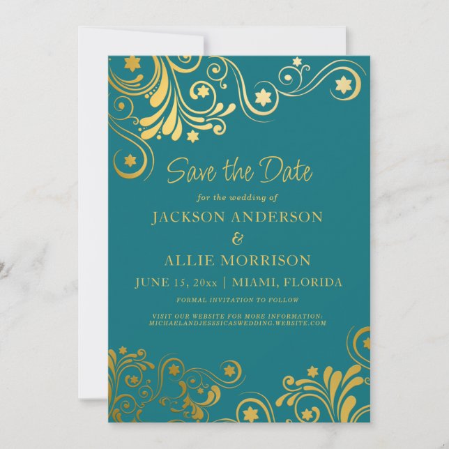 Helle Aquamarin Gold Blüh Foto Hochzeit Save The Date (Vorderseite)