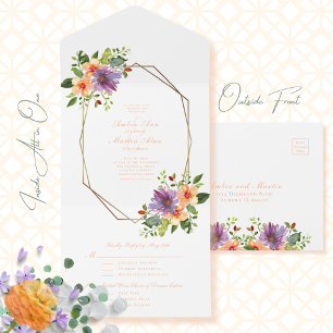 Helle Aquarell-Blumen Hochzeit Lila Pfirsich  All In One Einladung